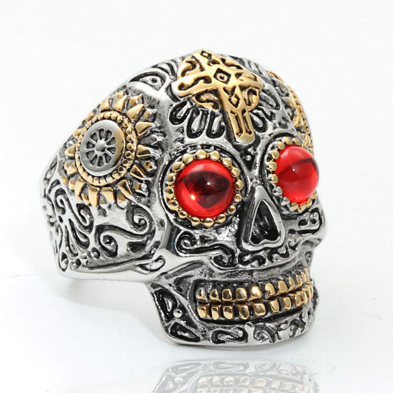 Mens Carved Skull Ring Vintage Titanium Steel Ghost Head Green Eye Gold Plated Polished Durable Jewelry Accessories