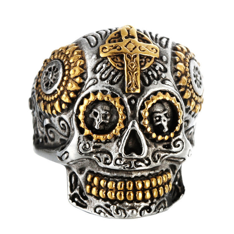 Mens Carved Skull Ring Vintage Titanium Steel Ghost Head Green Eye Gold Plated Polished Durable Jewelry Accessories