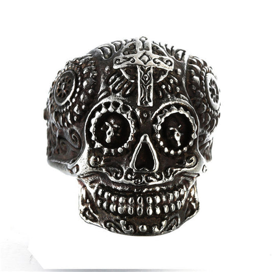 Mens Carved Skull Ring Vintage Titanium Steel Ghost Head Green Eye Gold Plated Polished Durable Jewelry Accessories