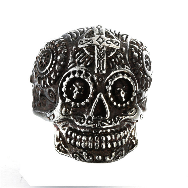Mens Carved Skull Ring Vintage Titanium Steel Ghost Head Green Eye Gold Plated Polished Durable Jewelry Accessories