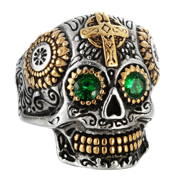 Mens Carved Skull Ring Vintage Titanium Steel Ghost Head Green Eye Gold Plated Polished Durable Jewelry Accessories