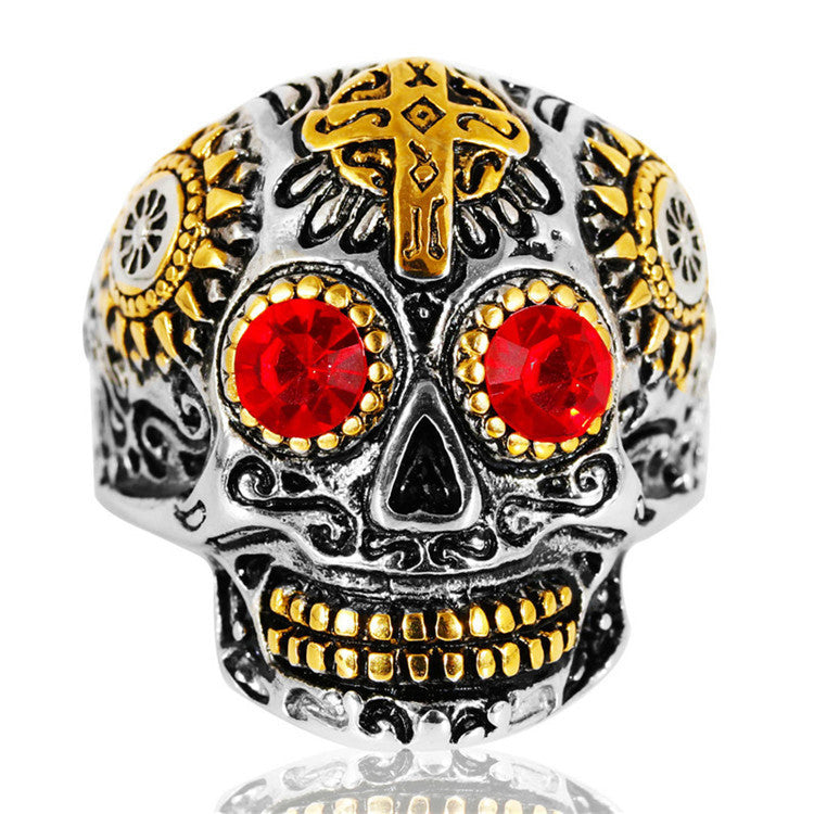 Mens Carved Skull Ring Vintage Titanium Steel Ghost Head Green Eye Gold Plated Polished Durable Jewelry Accessories