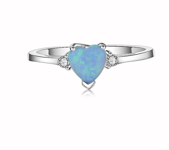 Heart Shaped Ring Blue Waves Opal Stone Inlaid Simulated Diamond Auspicious Auspicious Opal Stone Ring Diamond