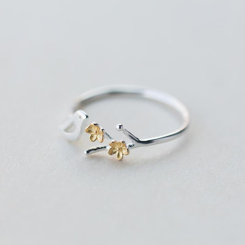 Sterling Silver Bird Flower Ring With Gold Branch Design Adjustable Size For Women For Everyday Wear Style Now