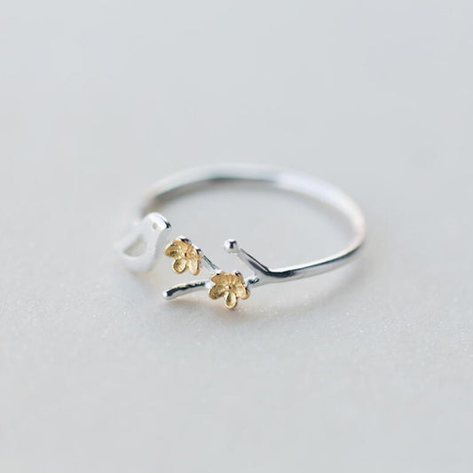 Sterling Silver Bird Flower Ring With Gold Branch Design Adjustable Size For Women For Everyday Wear Style Now