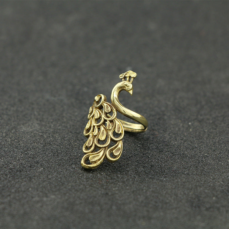 Copper Ladies Ring Retro Opening Peacock Open Screen Brass Jewelry Chinese Style Ornamental Fish Insects Birds Beasts