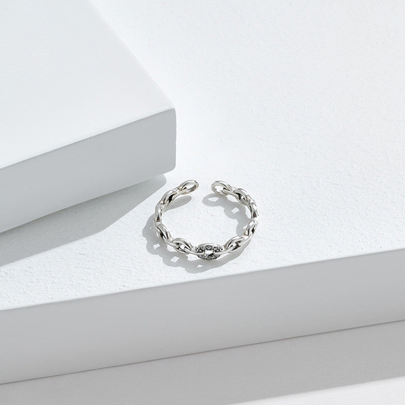 Silver Geometric Ring With White Zircon Diamond Gem Open Retro Chain For Her Personalized Fashion Jewelry Gift