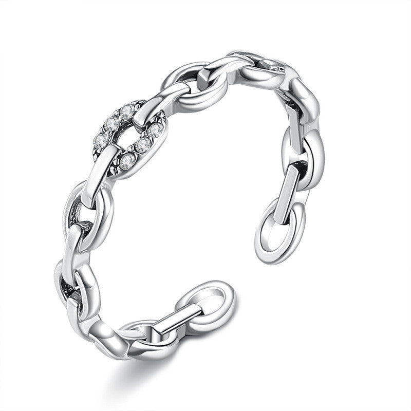 Silver Geometric Ring With White Zircon Diamond Gem Open Retro Chain For Her Personalized Fashion Jewelry Gift