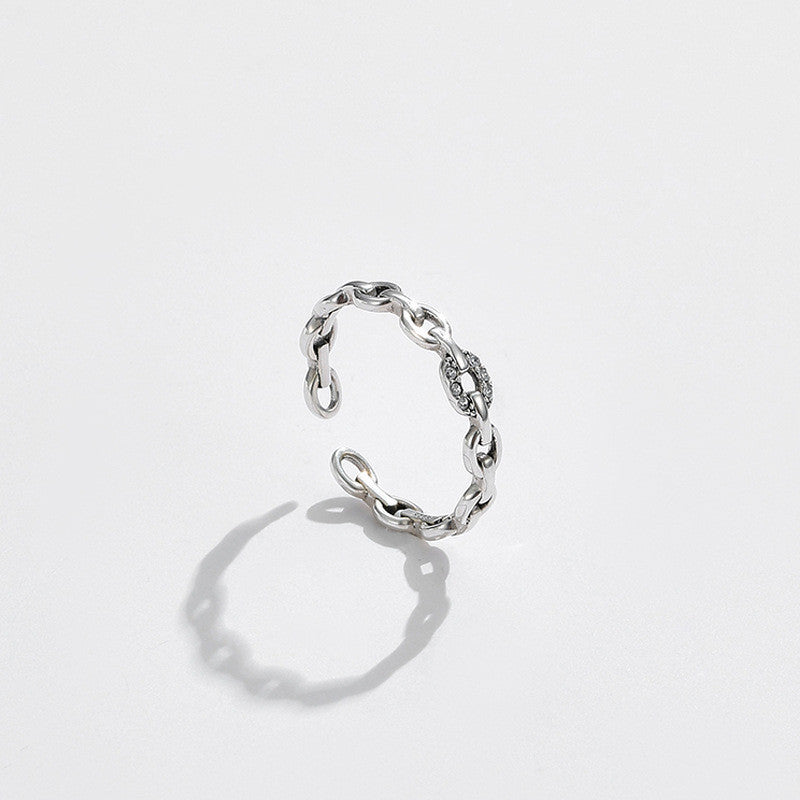 Silver Geometric Ring With White Zircon Diamond Gem Open Retro Chain For Her Personalized Fashion Jewelry Gift