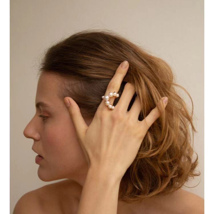 Womens Gold Plated Ring With Pearl Inlay Adjustable Open Fashion Jewelry Gift For Her Elegant Jewelry Gift Set