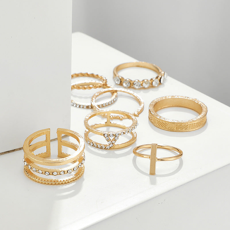 Womens Ring Set 8 Piece Twist and Diamond and Word Rings Retro Joint Rings Geometric Design Alloy Electroplated