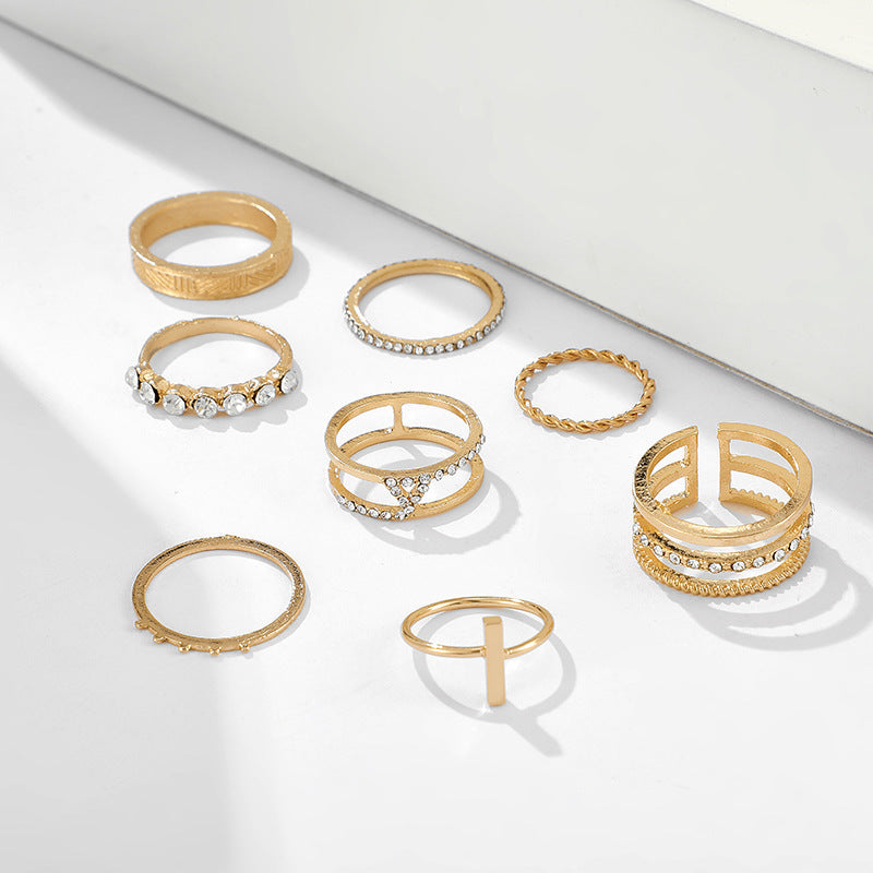 Womens Ring Set 8 Piece Twist and Diamond and Word Rings Retro Joint Rings Geometric Design Alloy Electroplated