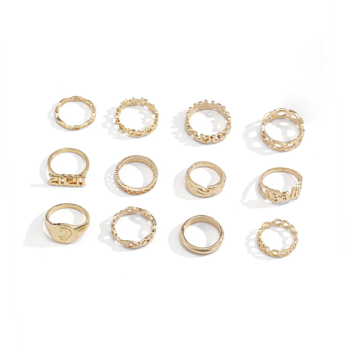 Geometric Alloy Ring Set Electroplated Hollow Rings Creative Combination Chain Rings Natural Design Fashion Jewelry