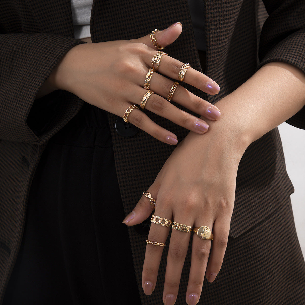 Geometric Alloy Ring Set Electroplated Hollow Rings Creative Combination Chain Rings Natural Design Fashion Jewelry