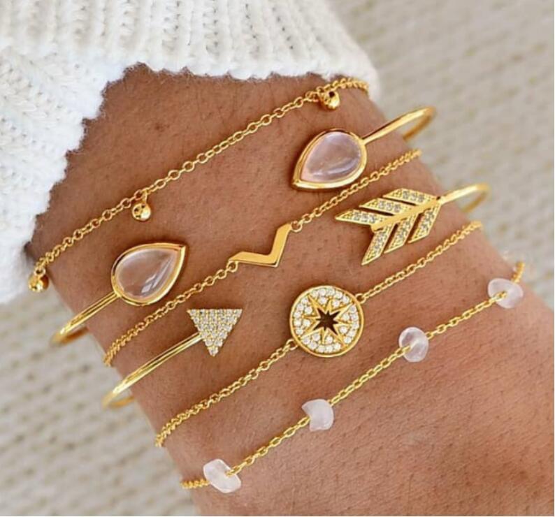 Women Rhinestone Bracelet Set Six Piece V Shaped Design With Cats Eye Inlay Fashion Jewelry Bracelets On Trend