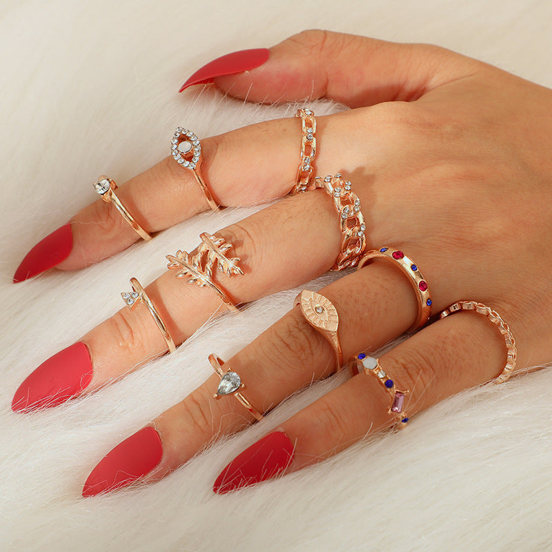 Womens Boho Chain Leaf Eye Triangle Ring Electroplated Alloy Artificial Gemstone Jewelry Statement Piece Durable