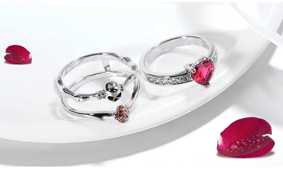 Womens Heart Shaped Zircon Ring Two In One Geometric Copper Electroplated Fashion Jewelry Gift Holiday Sparkle