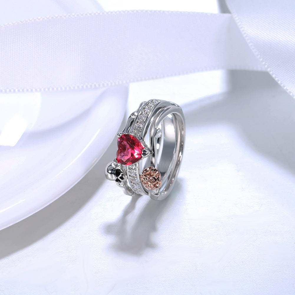 Womens Heart Shaped Zircon Ring Two In One Geometric Copper Electroplated Fashion Jewelry Gift Holiday Sparkle