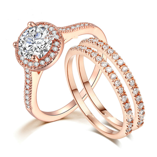 Womens Geometric Zircon Inlaid Engagement Ring Set Copper Ring 3 Piece Rose Gold And White Gold Jewelry Shines