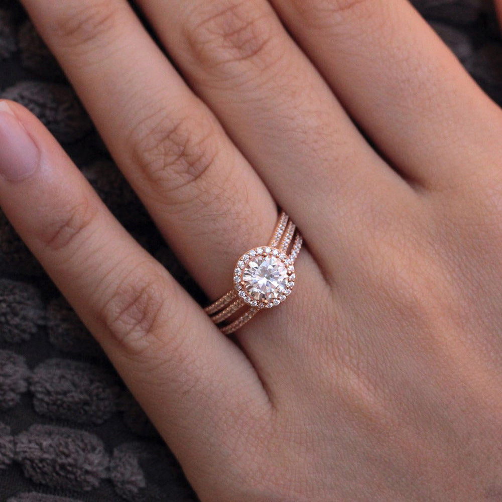 Womens Geometric Zircon Inlaid Engagement Ring Set Copper Ring 3 Piece Rose Gold And White Gold Jewelry Shines