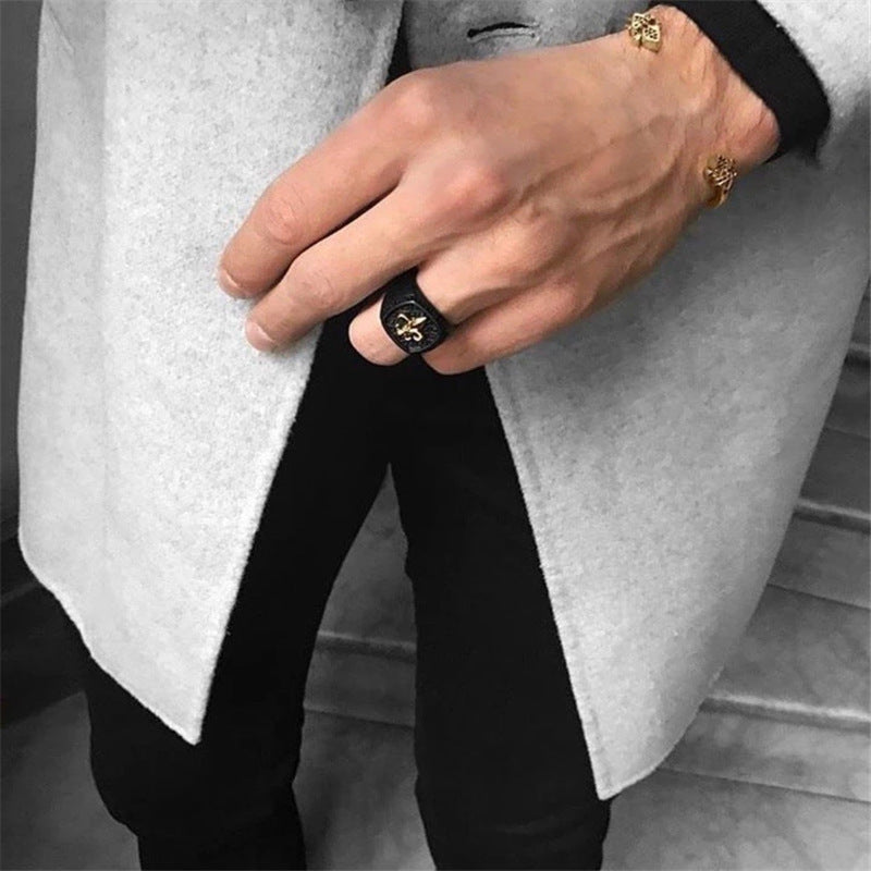 Mens Lily Flower Ring Black Gold Diamond Inlay Band Rose Gold Accent Elegant Ring For Men Classic Style Finish