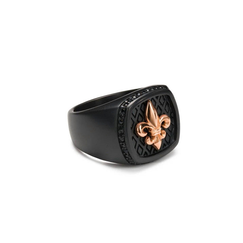 Mens Lily Flower Ring Black Gold Diamond Inlay Band Rose Gold Accent Elegant Ring For Men Classic Style Finish