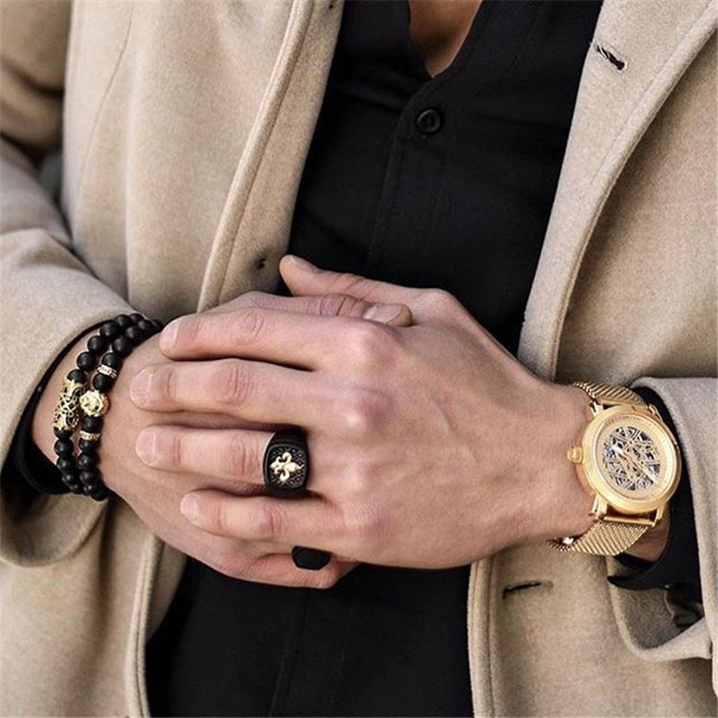 Mens Lily Flower Ring Black Gold Diamond Inlay Ring Series Band Gift For Him Black Rose Gold Style 7 8 9 10 11