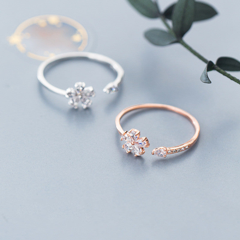 Silver Flower Ring With Diamond Water Drop Dainty Floral Jewelry Gift For Women Korean Style Jewelry Gift Glow