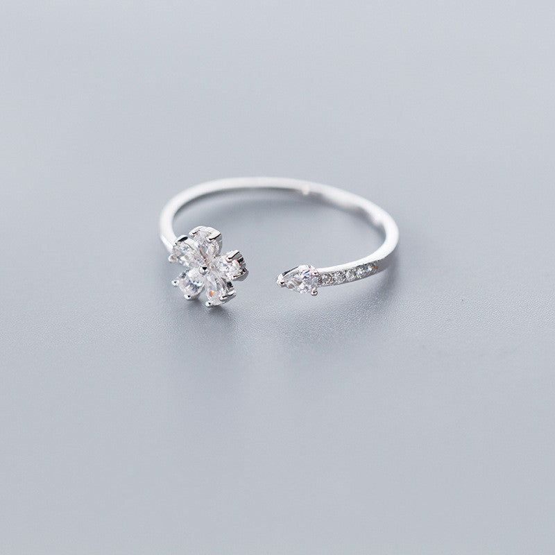 Silver Flower Ring With Diamond Water Drop Dainty Floral Jewelry Gift For Women Korean Style Jewelry Gift Glow