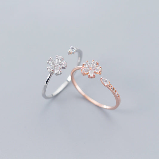 Silver Flower Ring With Diamond Water Drop Dainty Floral Jewelry Gift For Women Korean Style Jewelry Gift Glow