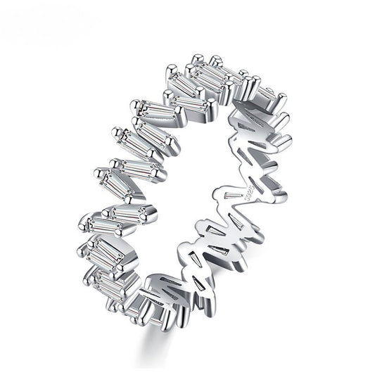 Sterling Silver Geometric Ring With Inlaid Gems 925 Silver Irregular Row Diamond Design Platinum Plated Gemset