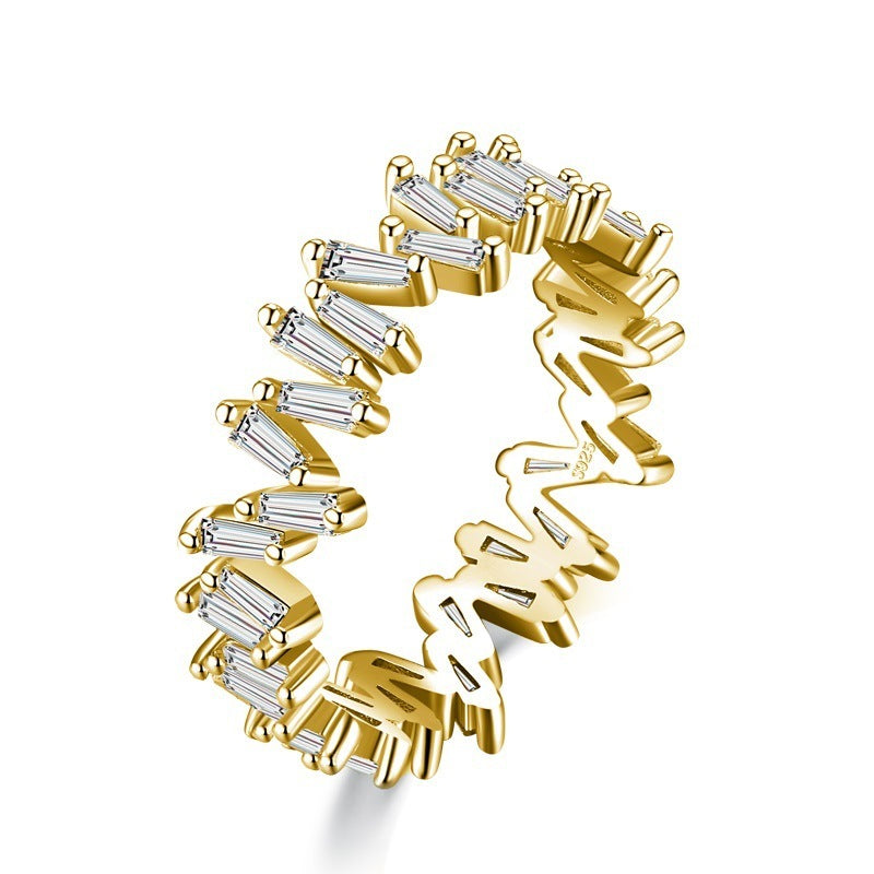 Sterling Silver Geometric Ring With Inlaid Gems 925 Silver Irregular Row Diamond Design Platinum Plated Gemset