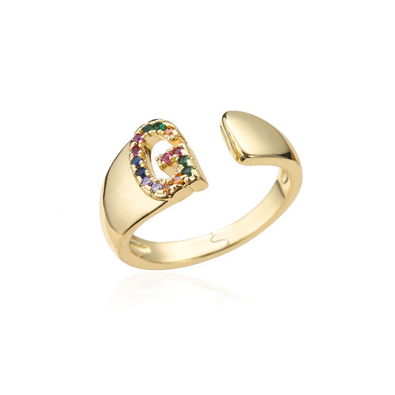 Copper Letter Ring Adjustable Opening With Zircon Micro Inlay European American Fashion Jewelry Elegant Casual