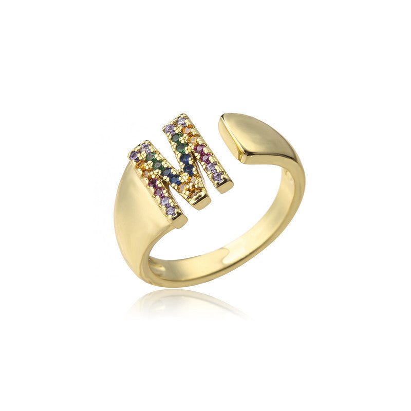 Copper Letter Ring Adjustable Opening With Zircon Micro Inlay European American Fashion Jewelry Elegant Casual