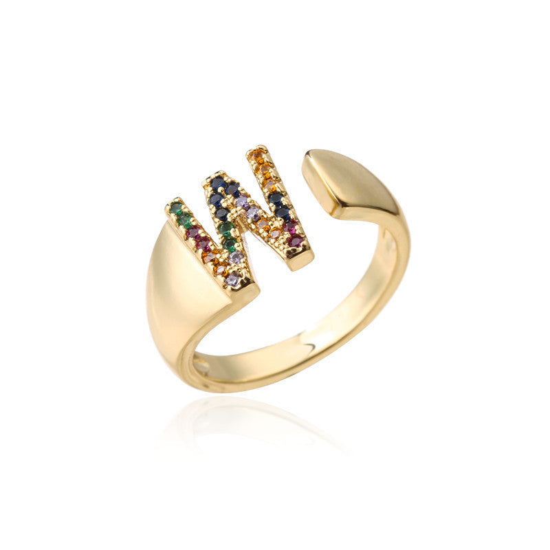 Copper Letter Ring Adjustable Opening With Zircon Micro Inlay European American Fashion Jewelry Elegant Casual