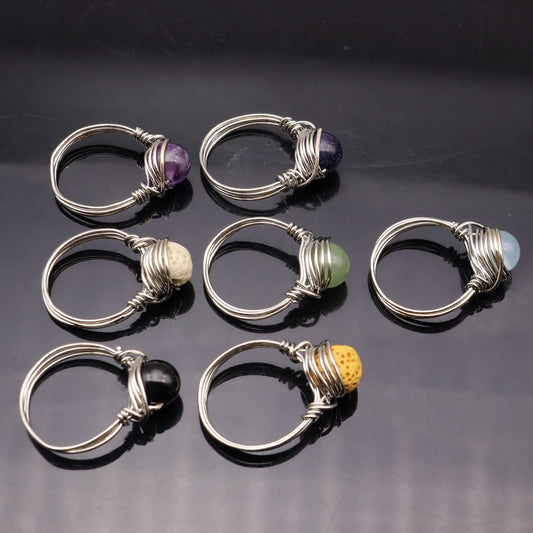 Unisex Wire Wrapped Natural Stone Finger Rings Amethyst Agate Quartz Reiki Healing Gemstone Jewelry For Women And Men