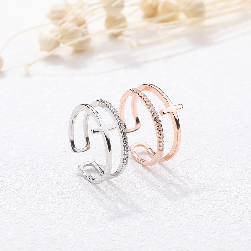 Silver Cross Ring Adjustable With Double Design For Index Finger 925 Silver Fashion Accessory Jewelry Gift Set
