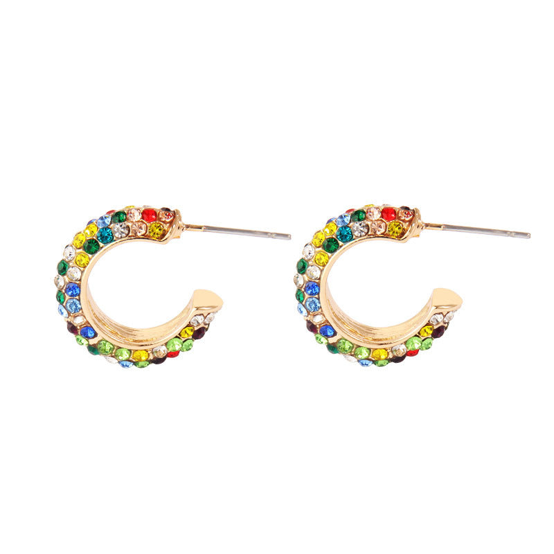 C Shaped Colorful Diamond Earrings Alloy Jewelry Fashion
