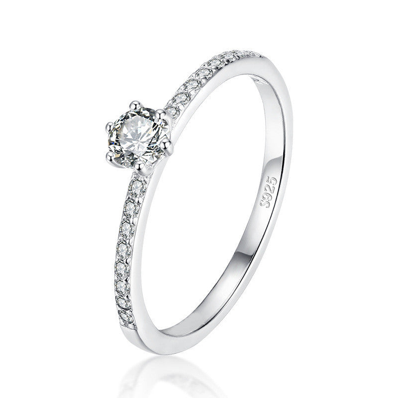 Womens Sterling Silver Ring With Zircon Gemstone Six Claw Geometric Design 925 Silver Inlaid Ring Gift For Her