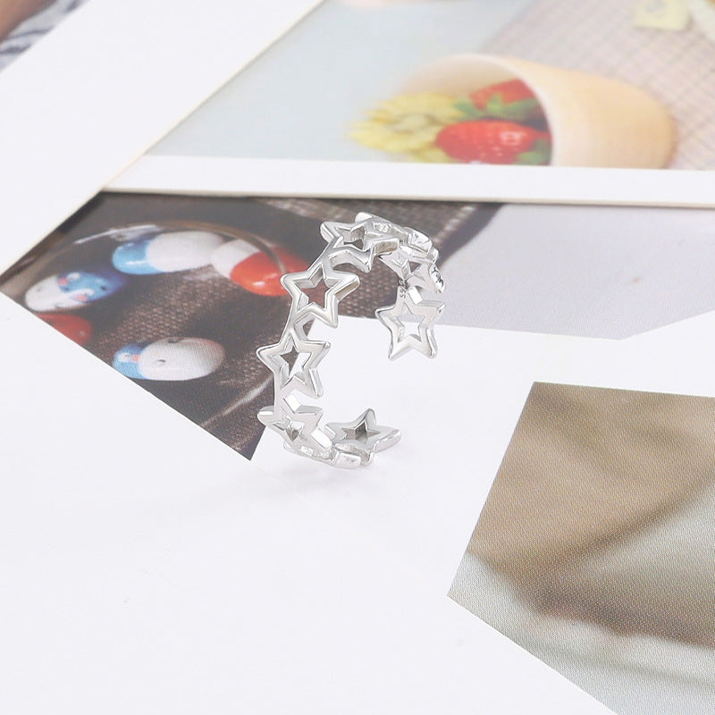 Sterling Silver Five Point Star Ring For Women Korean Style Hollow Adjustable Open Ring Simple Accessory Piece