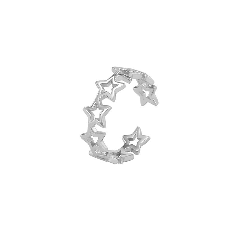 Sterling Silver Five Point Star Ring For Women Korean Style Hollow Adjustable Open Ring Simple Accessory Piece