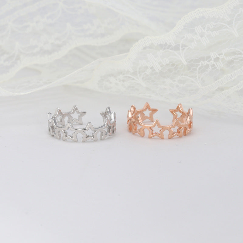 Sterling Silver Five Point Star Ring For Women Korean Style Hollow Adjustable Open Ring Simple Accessory Piece