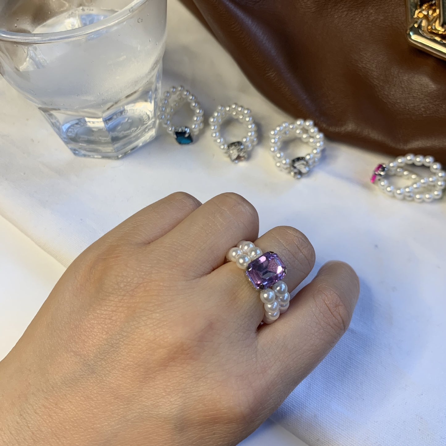 Womens Pearl Rhinestone Ring Adjustable Geometric Inlaid