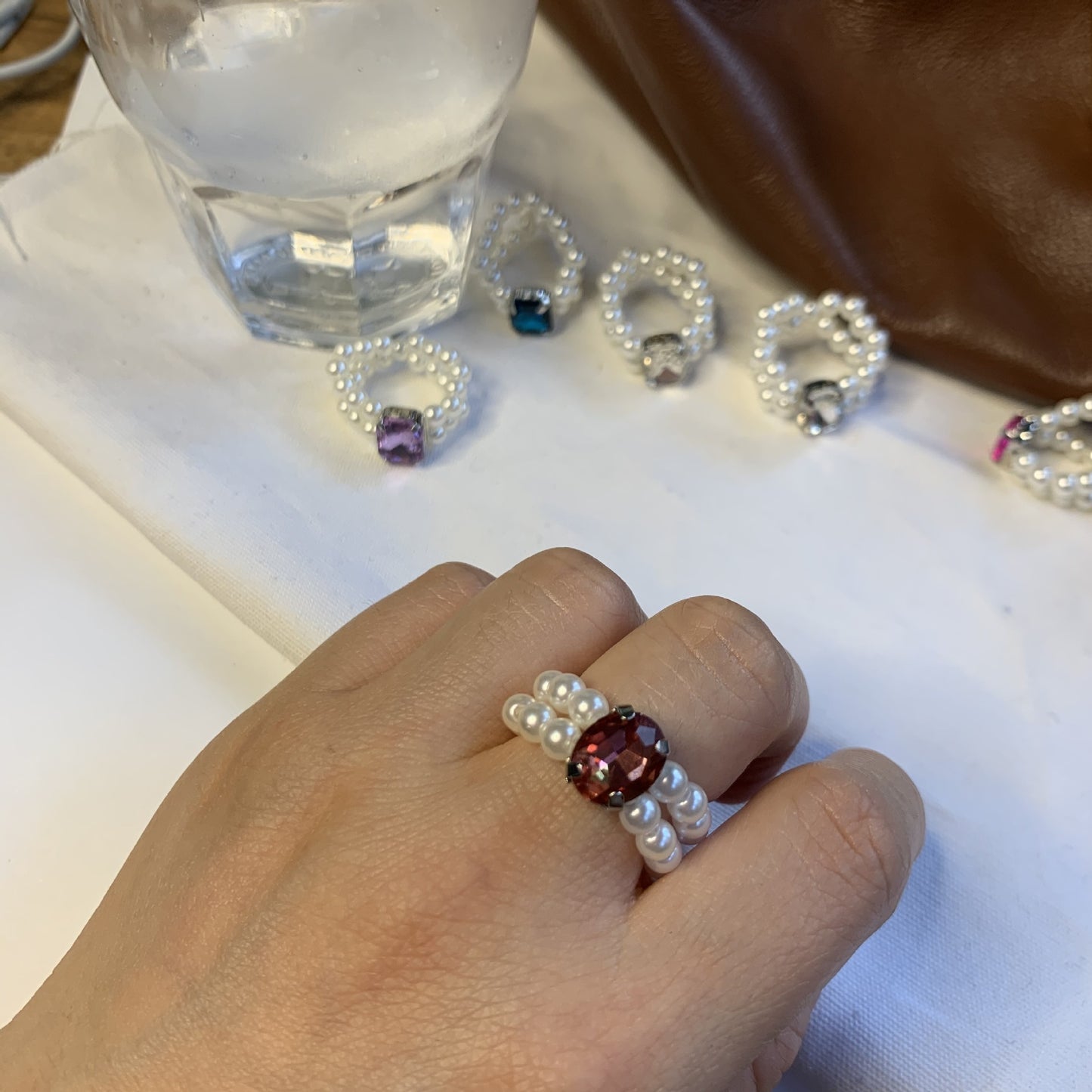 Womens Pearl Rhinestone Ring Adjustable Geometric Inlaid