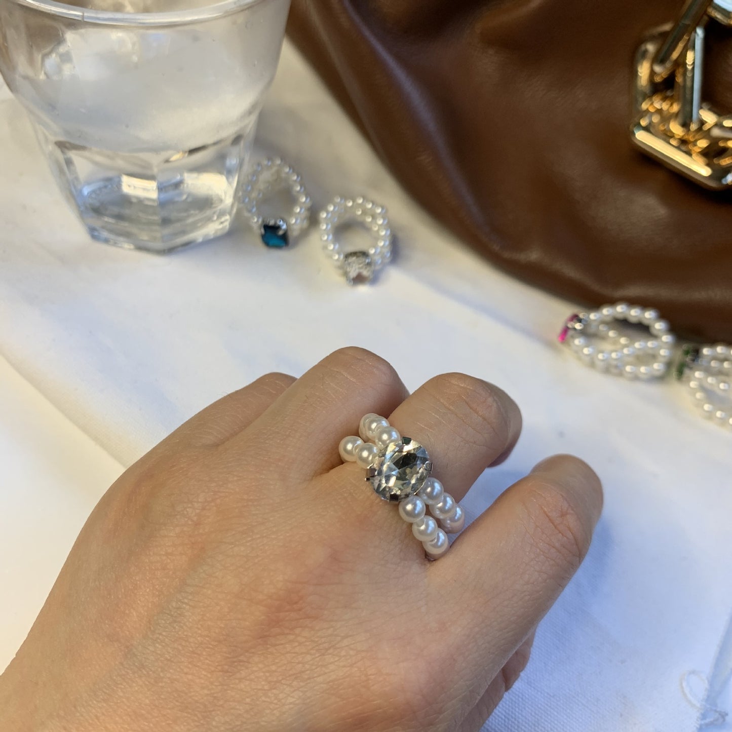 Womens Pearl Rhinestone Ring Adjustable Geometric Inlaid