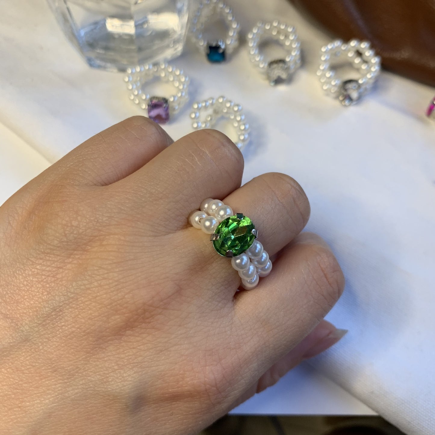 Womens Pearl Rhinestone Ring Adjustable Geometric Inlaid