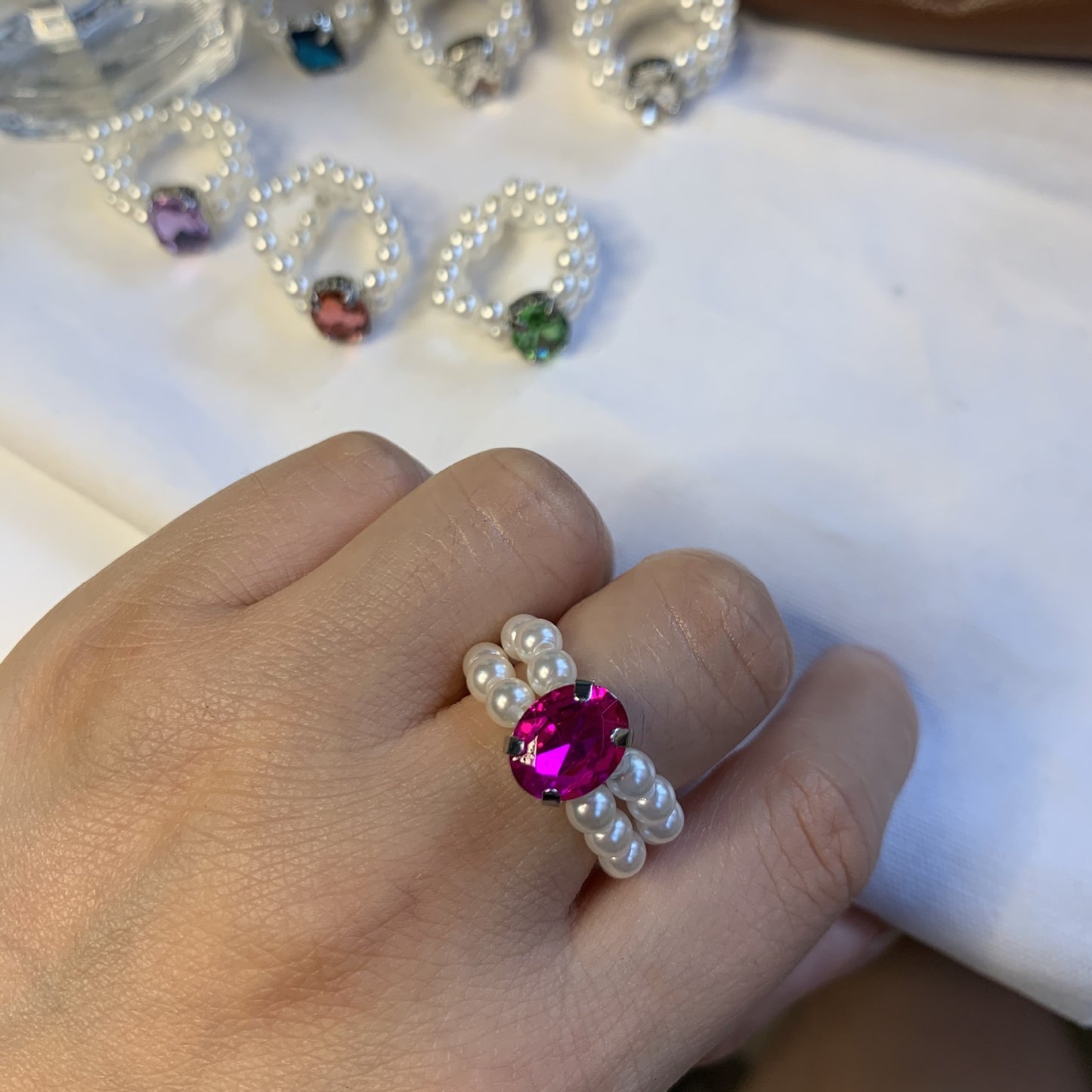 Womens Pearl Rhinestone Ring Adjustable Geometric Inlaid