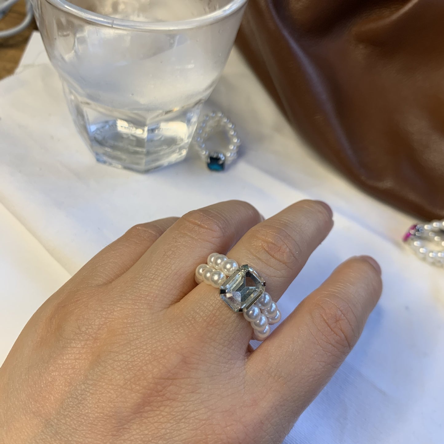 Womens Pearl Rhinestone Ring Adjustable Geometric Inlaid