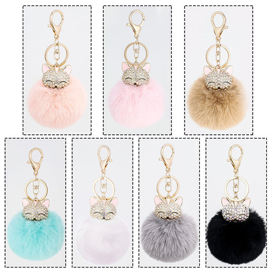 Rhinestone Ball Keychain With Cat Charm Pendant For Bags
