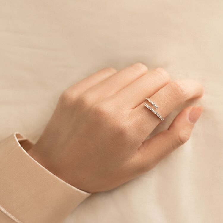 Womens Sterling Silver Ring With Diamond Accent Vintage Geometric Design Adjustable Opening 925 Silver Korean Jewelry